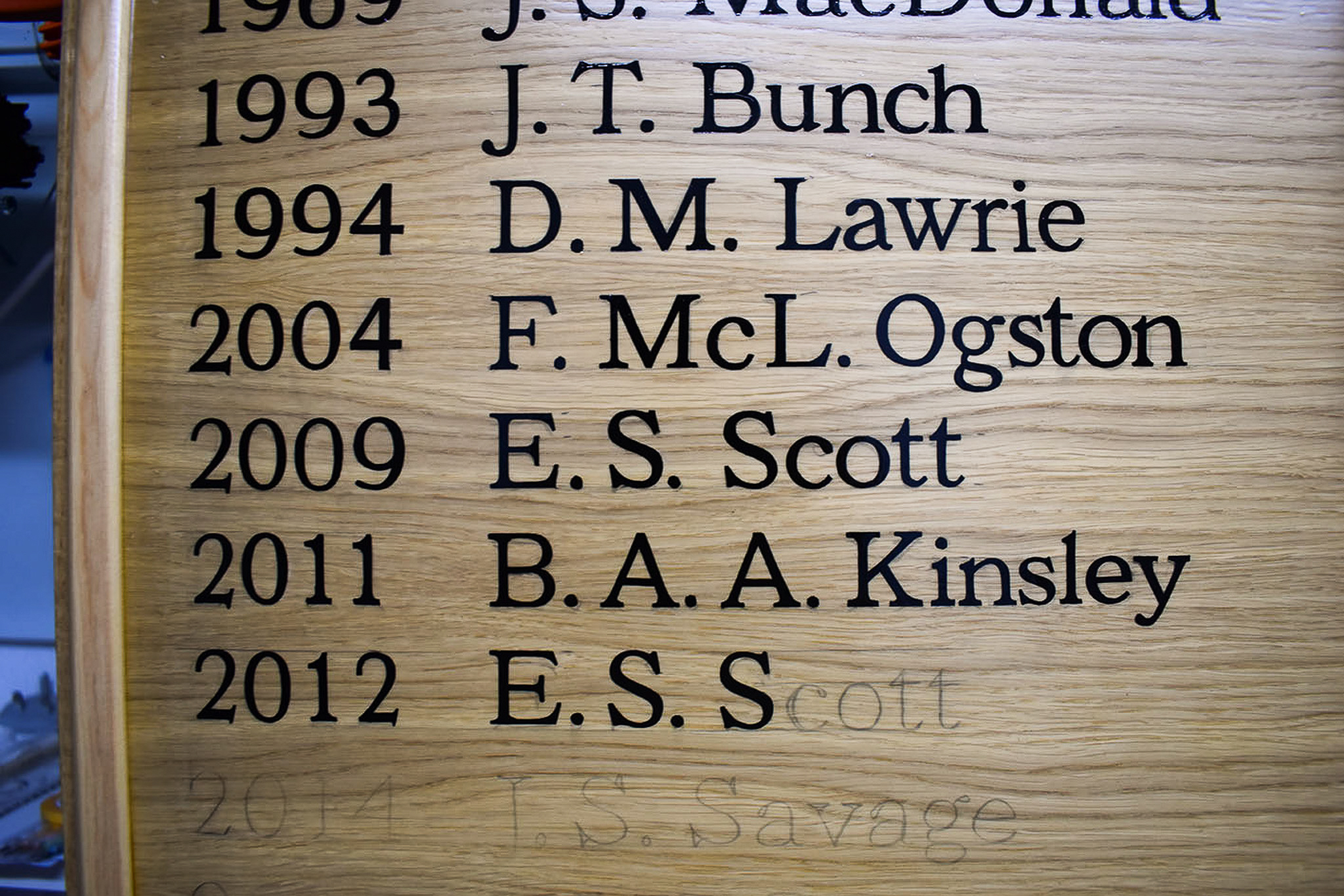 A column of hand painted names on an honours board