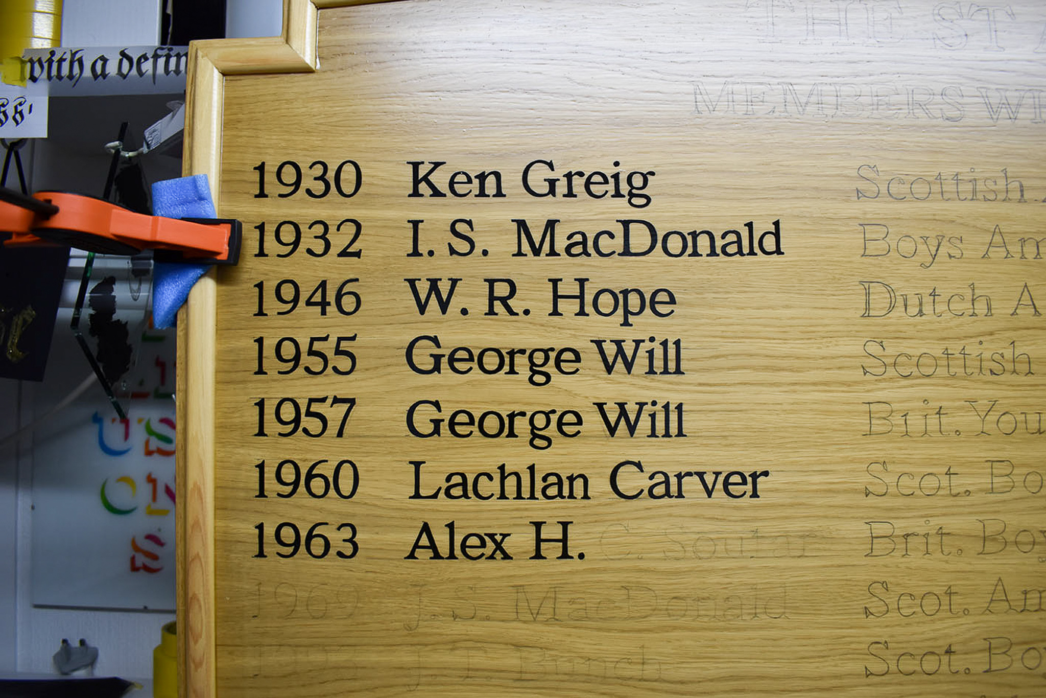 Lines of signwritten names on an honours board